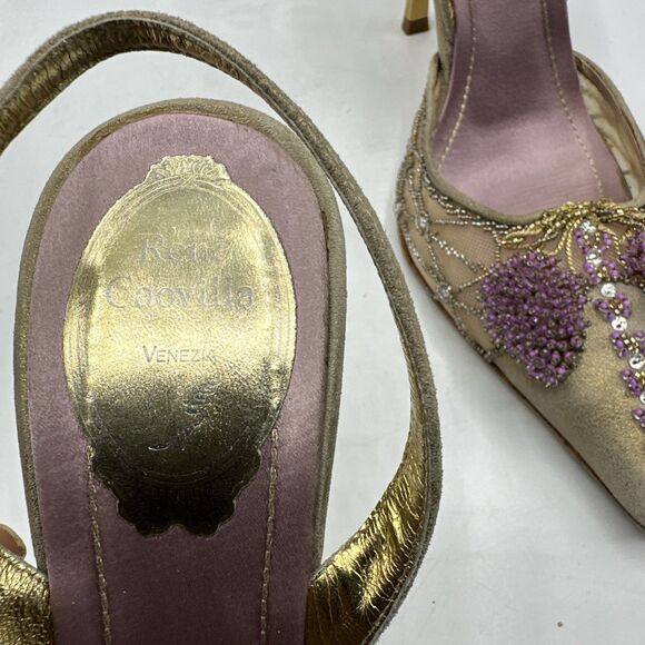 Rene Caovilla Gold Metallic Pink Beaded Leather Heels Slingbacks Sz 7 - Picture 3 of 10